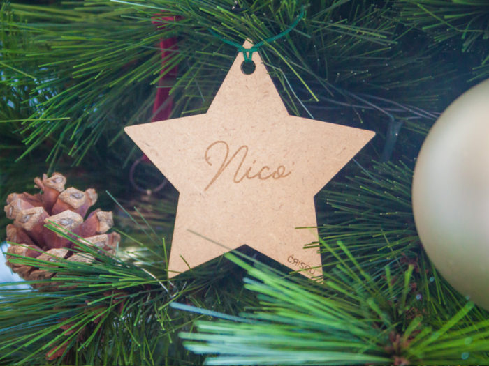 Estrella Navidad Personalizada Con Nombre - Adorno Madera Natural 9x9 Cm, Con Cordón De Yute